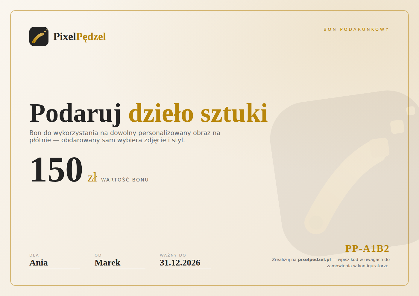 Przykładowy bon podarunkowy PixelPędzel