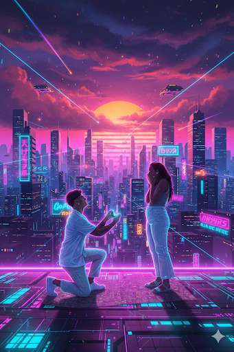 Para w scenerii cyberpunk z neonami