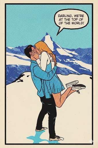 Para w górach w stylu komiksu pop-art z dymkiem